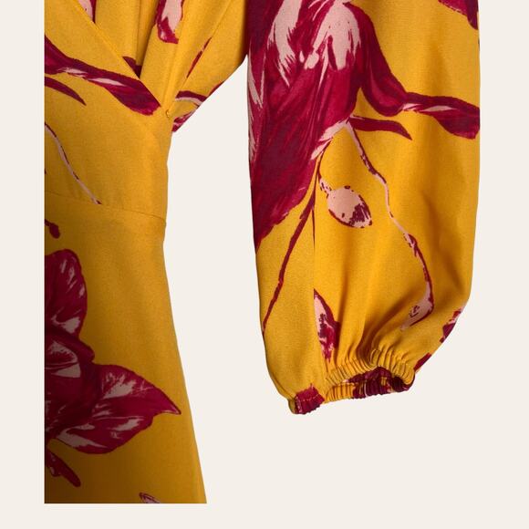 Color Me Courtney Eleanor Floral Print Yellow Wrap Midi Dress Size XS - Picture 7 of 12